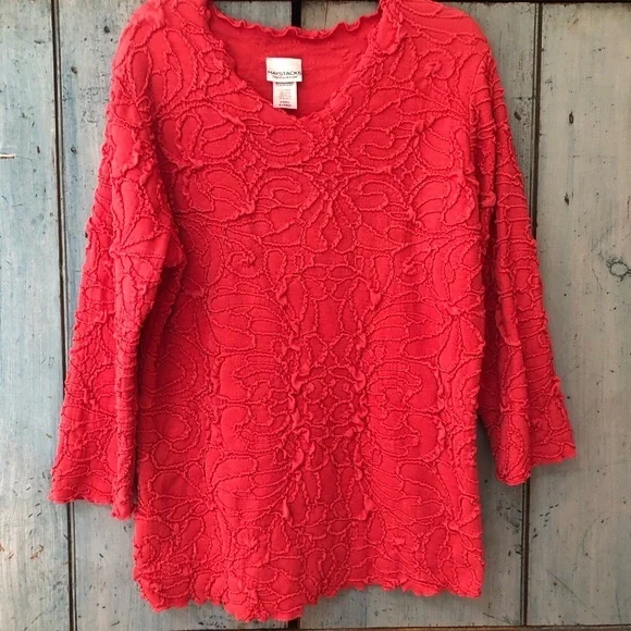 Haystacks fabulous tomato-red, 3/4 sleeve, unique fabric, top - Made in Michigan - Picture 2 of 11